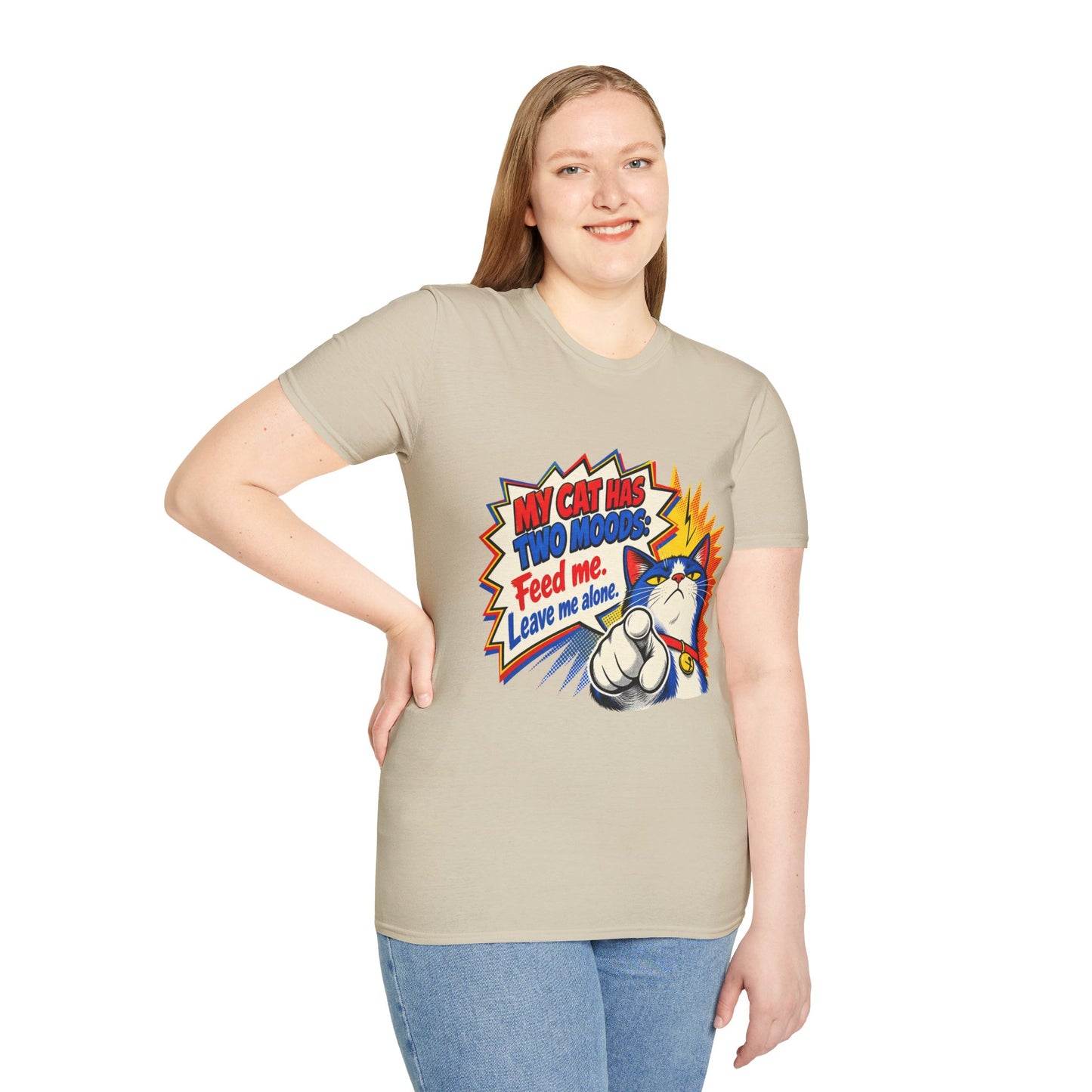 Cat T-Shirt — "My Cat Has Two Moods: Feed Me, Leave Me Alone" Funny Retro Comic Tee