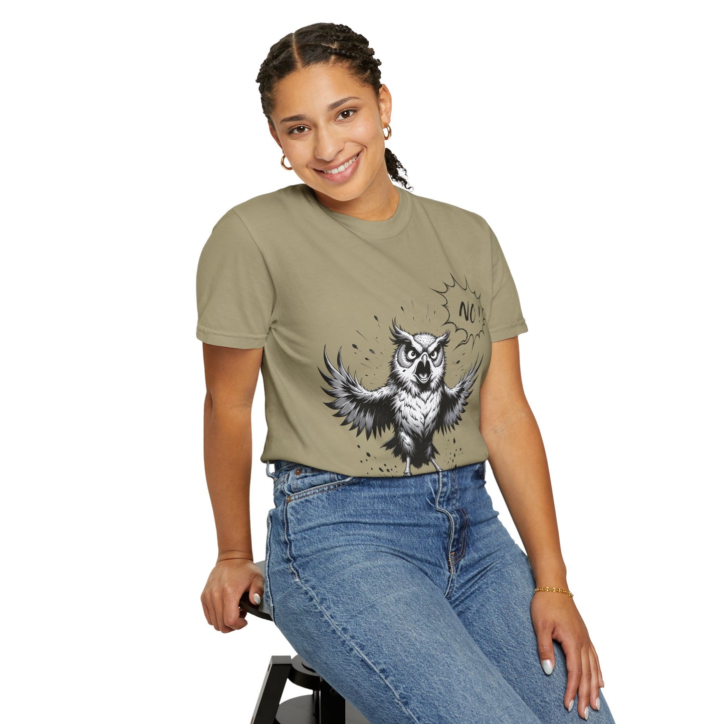 Owl Saying “No” Graphic T-Shirt — Bold Monochrome Illustration