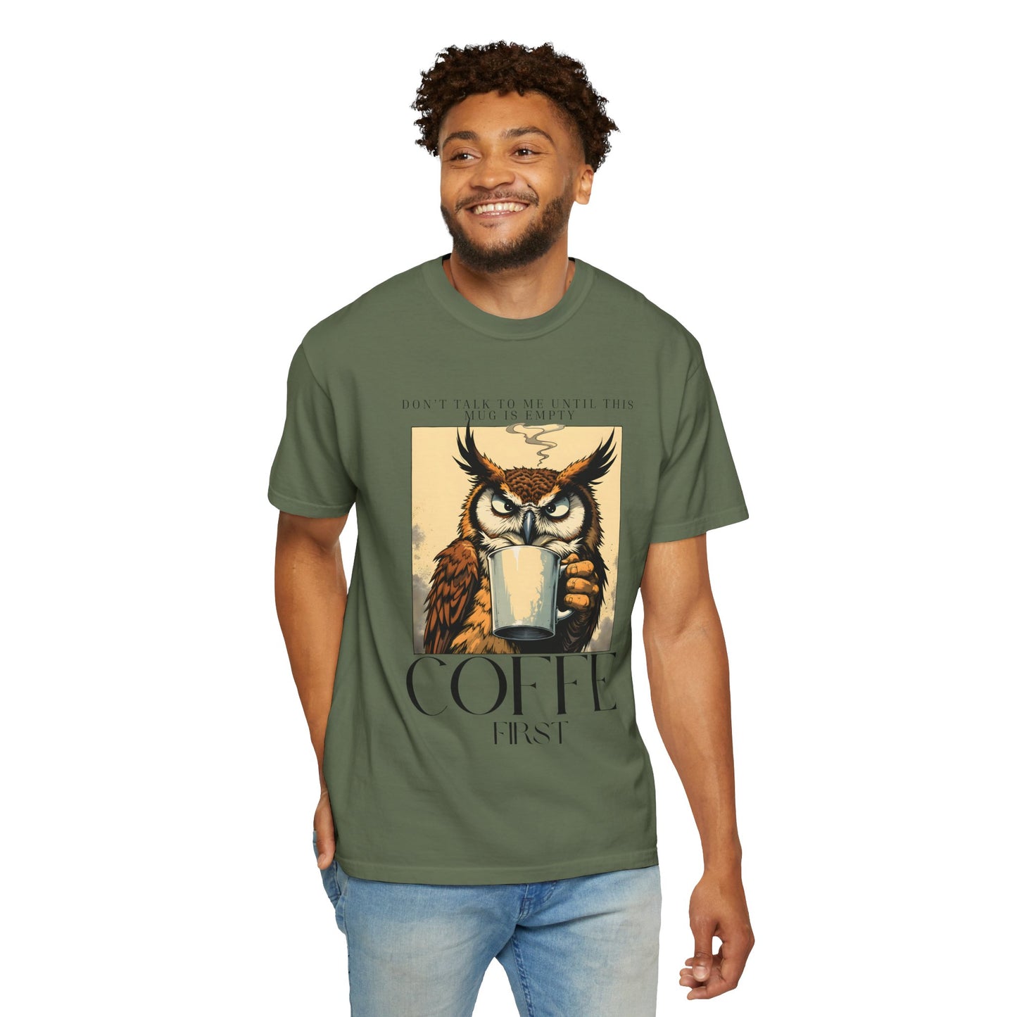 Coffee First Owl T-Shirt — Vintage Coffee Lover Graphic Tee