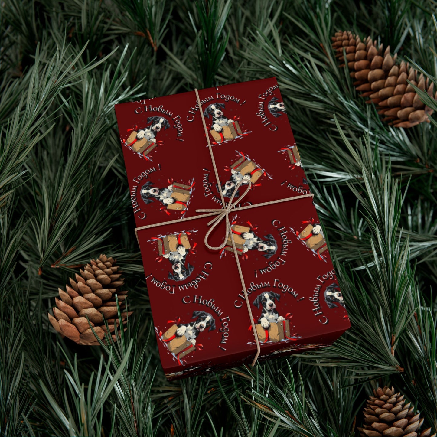 Christmas Gift Wrap Paper - Festive Santa & Gifts Pattern on Burgundy