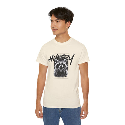 Hungry Raccoon Graphic Tee – Vintage Black & White Animal T-Shirt
