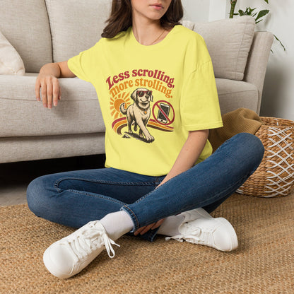 Less Scrolling More Strolling T-Shirt — Retro Dog Walk Graphic Tee