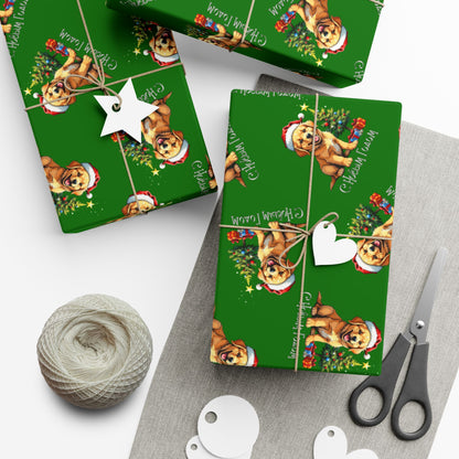 Christmas Puppy Gift Wrap Paper - Green Holiday Dog Wrapping Paper