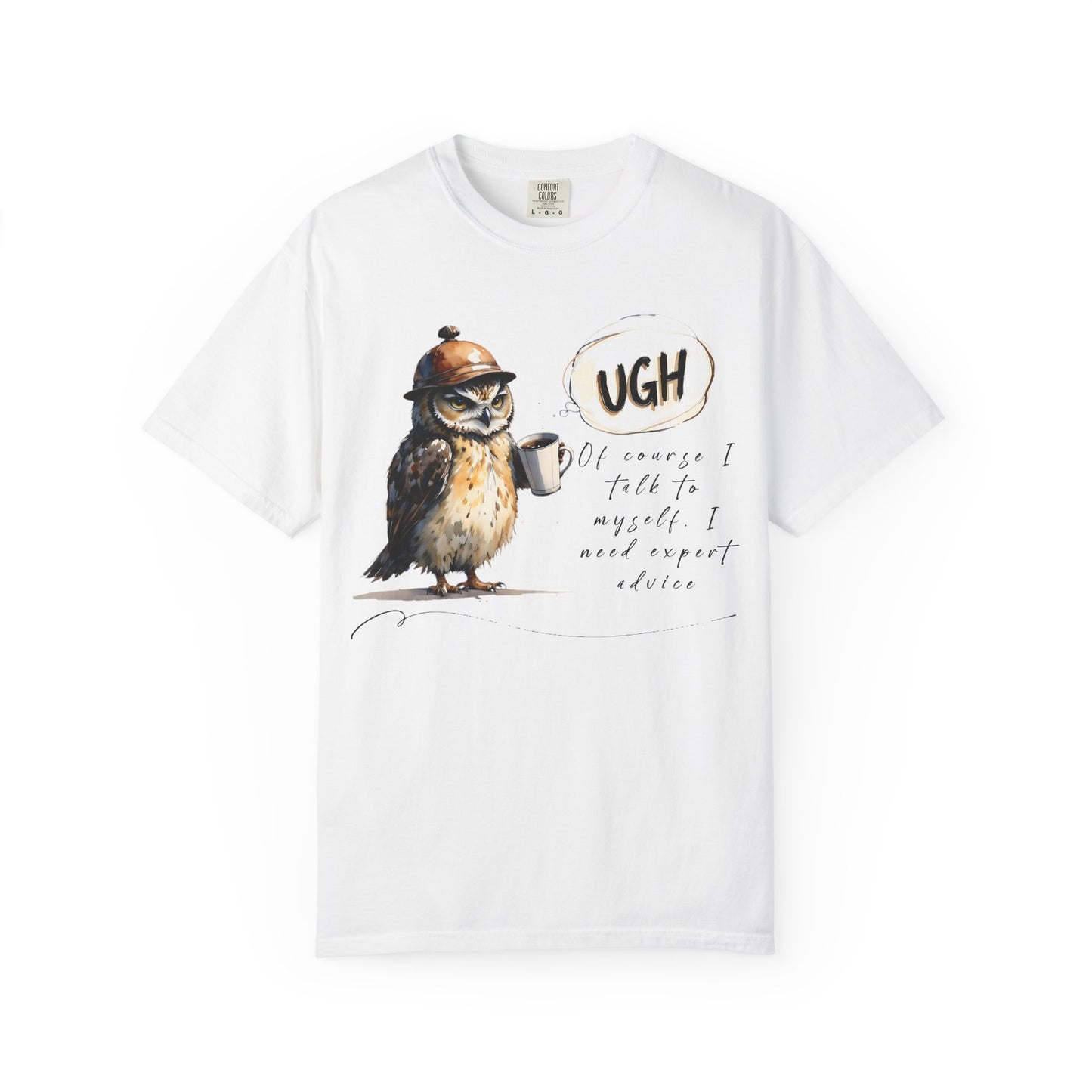 “Ugh” Owl Coffee T-Shirt — Cute Illustrated Owl Saying “UGH” with Coffee