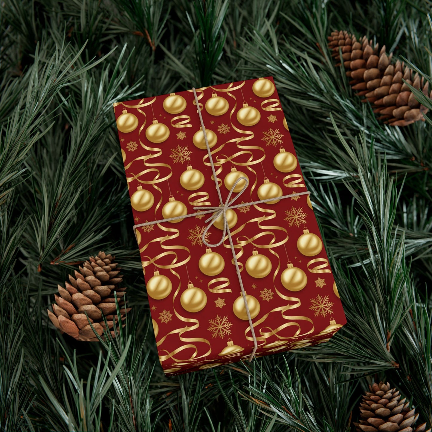Christmas Gift Wrap Paper - Red & Gold Ornament Pattern, Holiday Wrapping Sheets