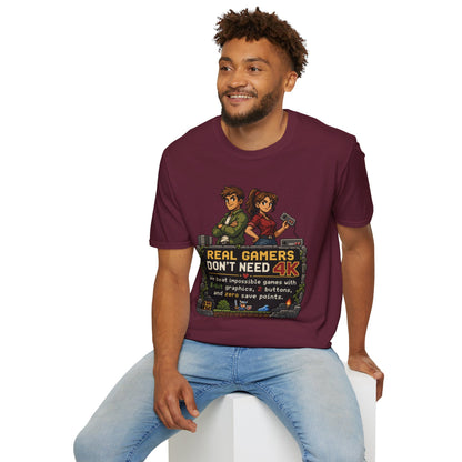 T-Shirt — Retro Pixel 'Real Gamers Don't Need 4K' Graphic Tee