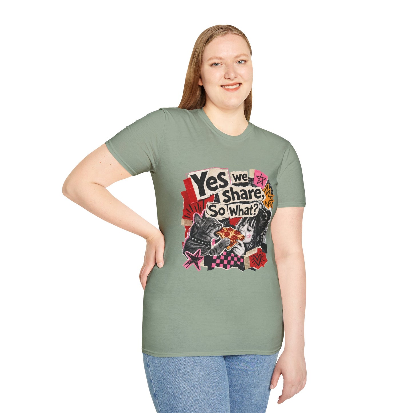 T-Shirt — "Yes We Share, So What?" Retro Collage Graphic Tee