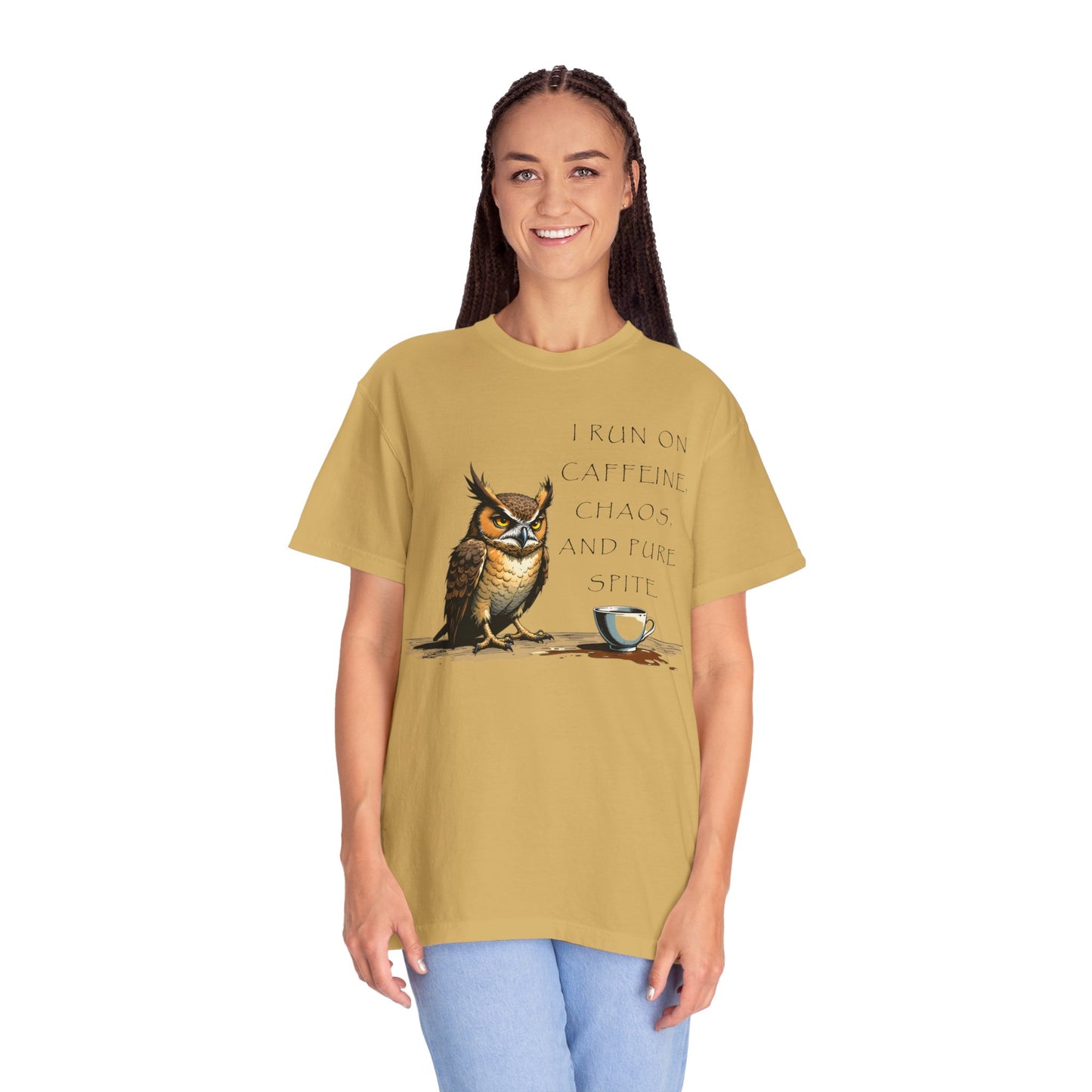 Owl & Coffee T‑Shirt — "I Run On Caffeine, Chaos, And Pure Spite" Graphic Tee
