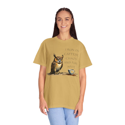 Owl & Coffee T‑Shirt — "I Run On Caffeine, Chaos, And Pure Spite" Graphic Tee