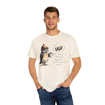 “Ugh” Owl Coffee T-Shirt — Cute Illustrated Owl Saying “UGH” with Coffee