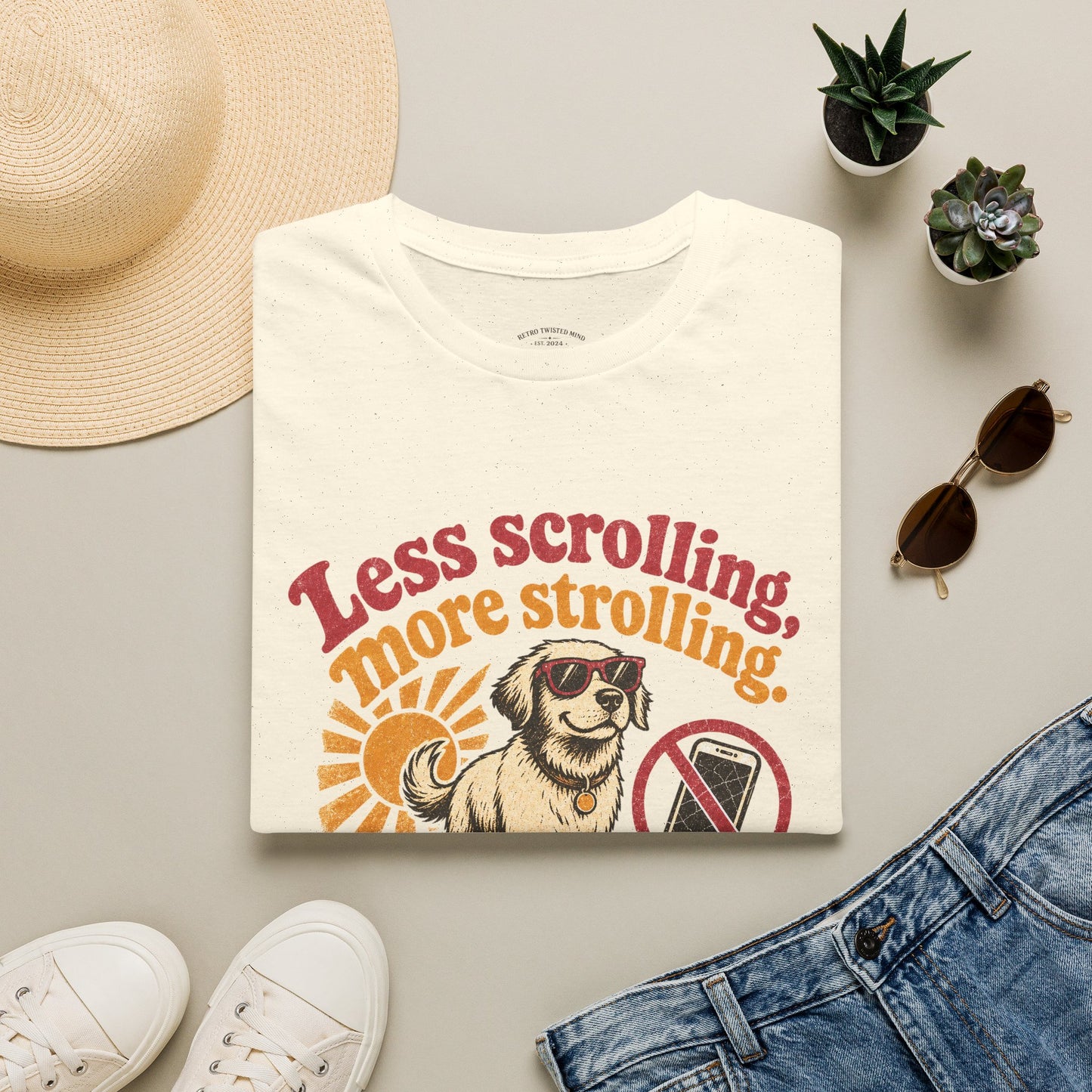 Less Scrolling More Strolling T-Shirt — Retro Dog Walk Graphic Tee
