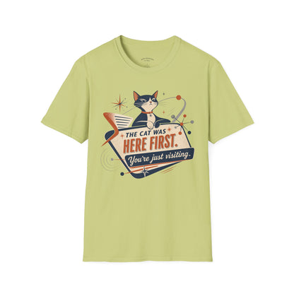 Cat Was Here First T-Shirt — Retro Mid-Century Kitty "You’re Just Visiting" Tee