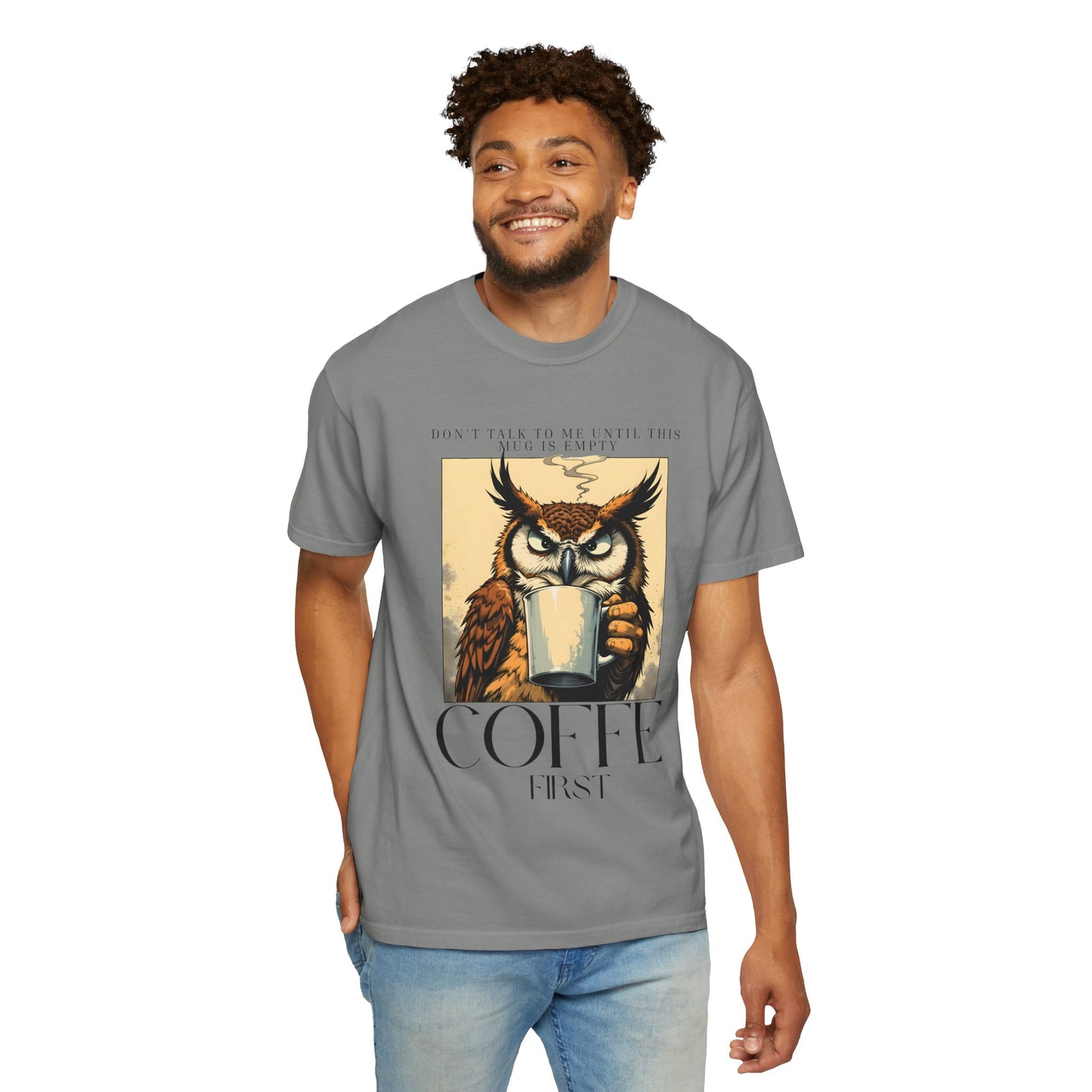 Coffee First Owl T-Shirt — Vintage Coffee Lover Graphic Tee