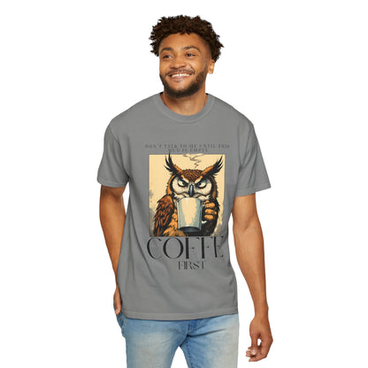 Coffee First Owl T-Shirt — Vintage Coffee Lover Graphic Tee