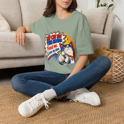 Cat T-Shirt — "My Cat Has Two Moods: Feed Me, Leave Me Alone" Funny Retro Comic Tee