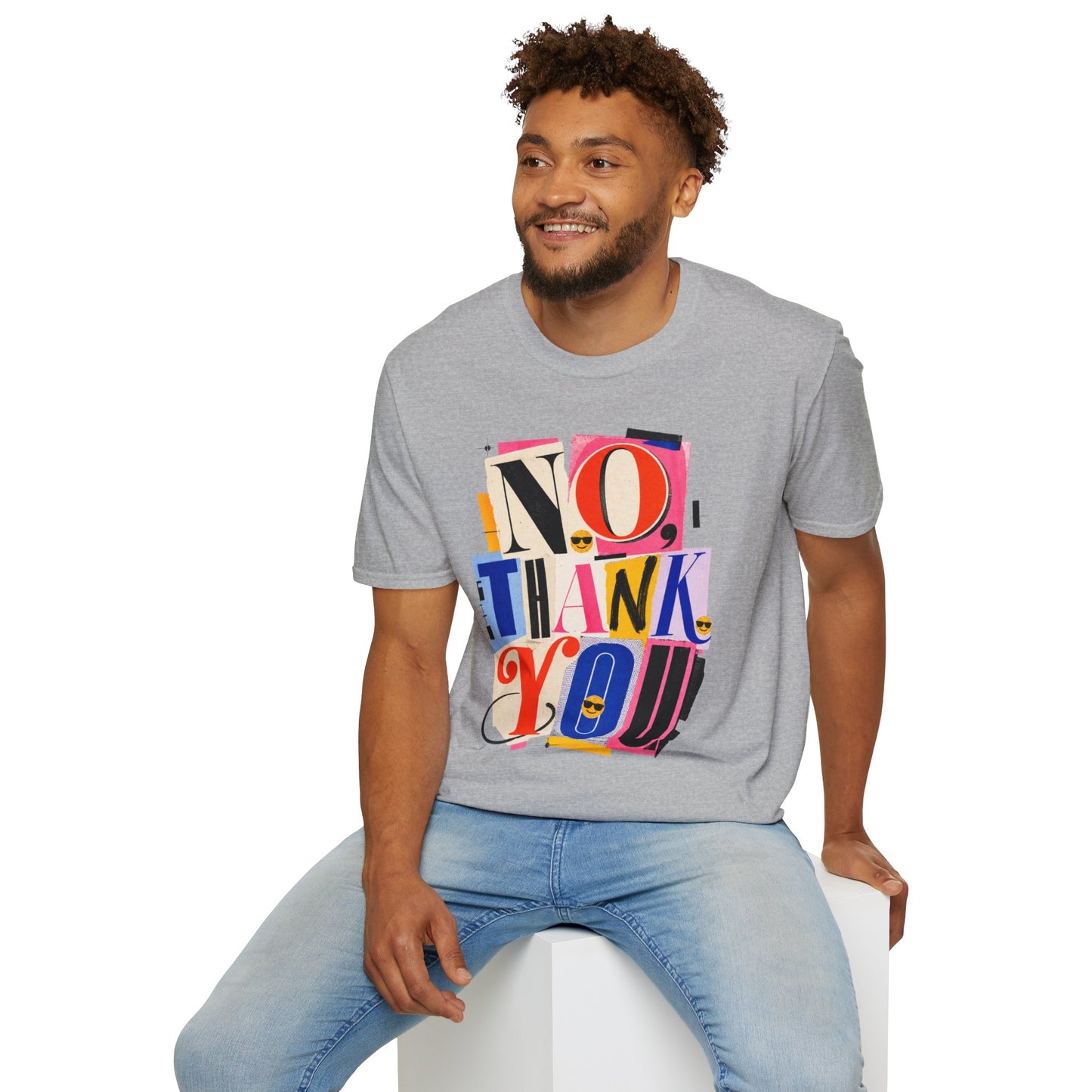 No, Thank You Graphic Tee — Colorful Bold Lettering T‑Shirt