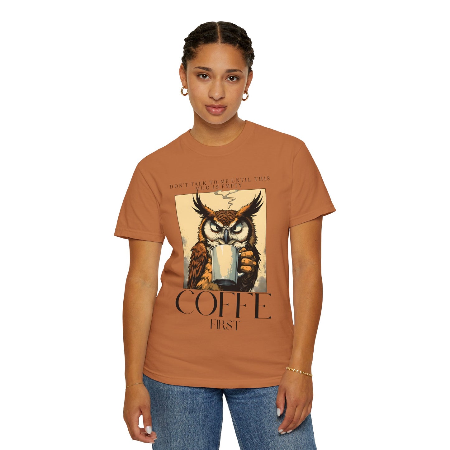 Coffee First Owl T-Shirt — Vintage Coffee Lover Graphic Tee