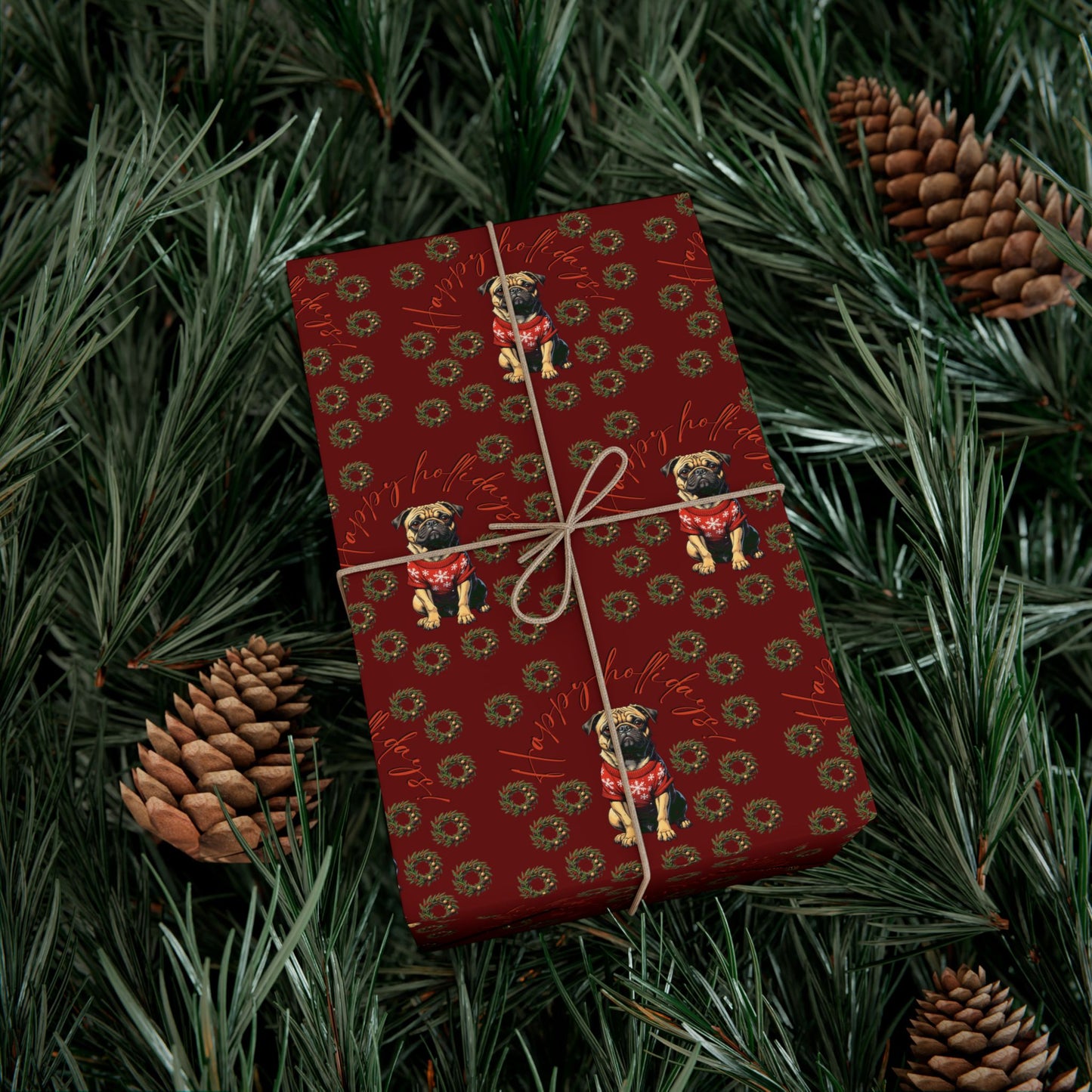 Pug Pattern Gift Wrap Paper — Vintage Floral Red Holiday Wrapping