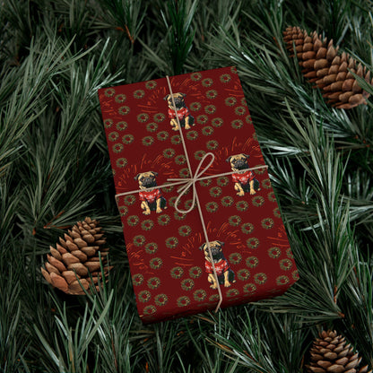 Pug Pattern Gift Wrap Paper — Vintage Floral Red Holiday Wrapping