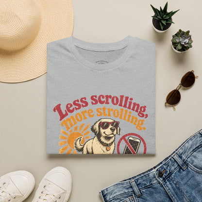 Less Scrolling More Strolling T-Shirt — Retro Dog Walk Graphic Tee