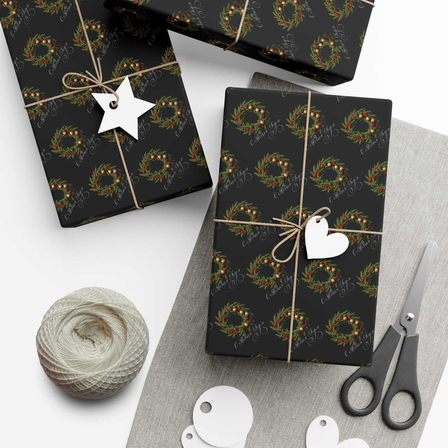 Wreath Pattern Gift Wrap Paper – Black & Gold Holiday Wrapping Sheets