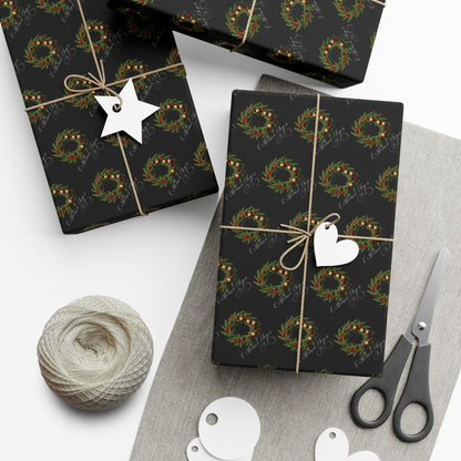 Wreath Pattern Gift Wrap Paper – Black & Gold Holiday Wrapping Sheets