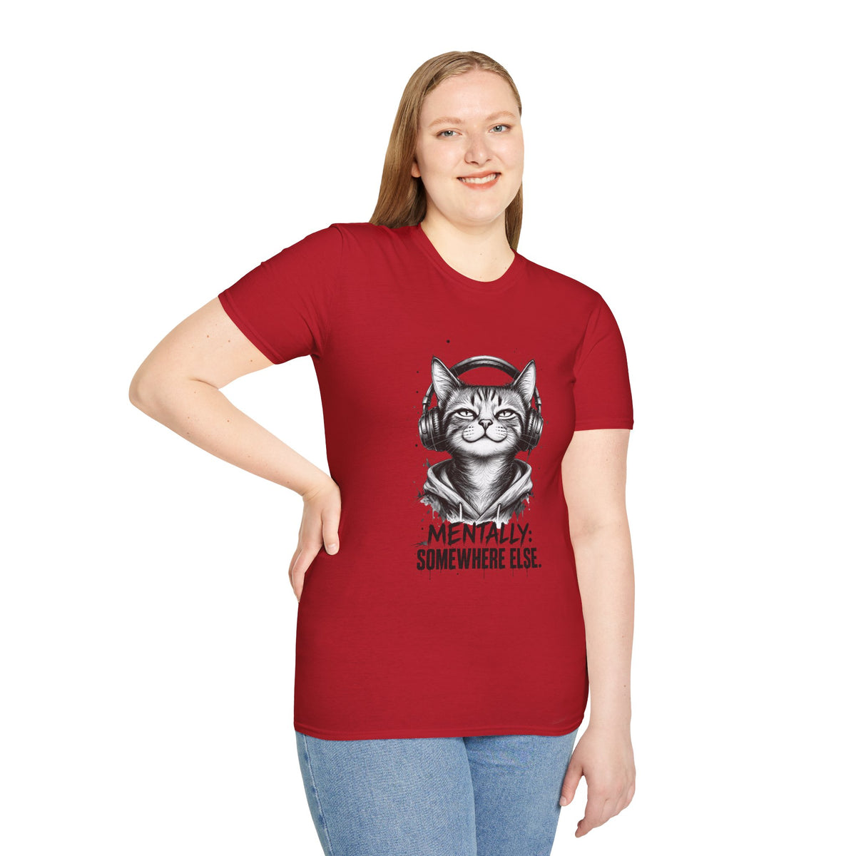 T-Shirt — Cat with Headphones "Mentally: Somewhere Else" – Cute Relaxed Graphic Tee for Cat Lovers