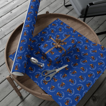 Blue Holiday Wrapping Paper with Reindeer & "Merry Christmas" Pattern
