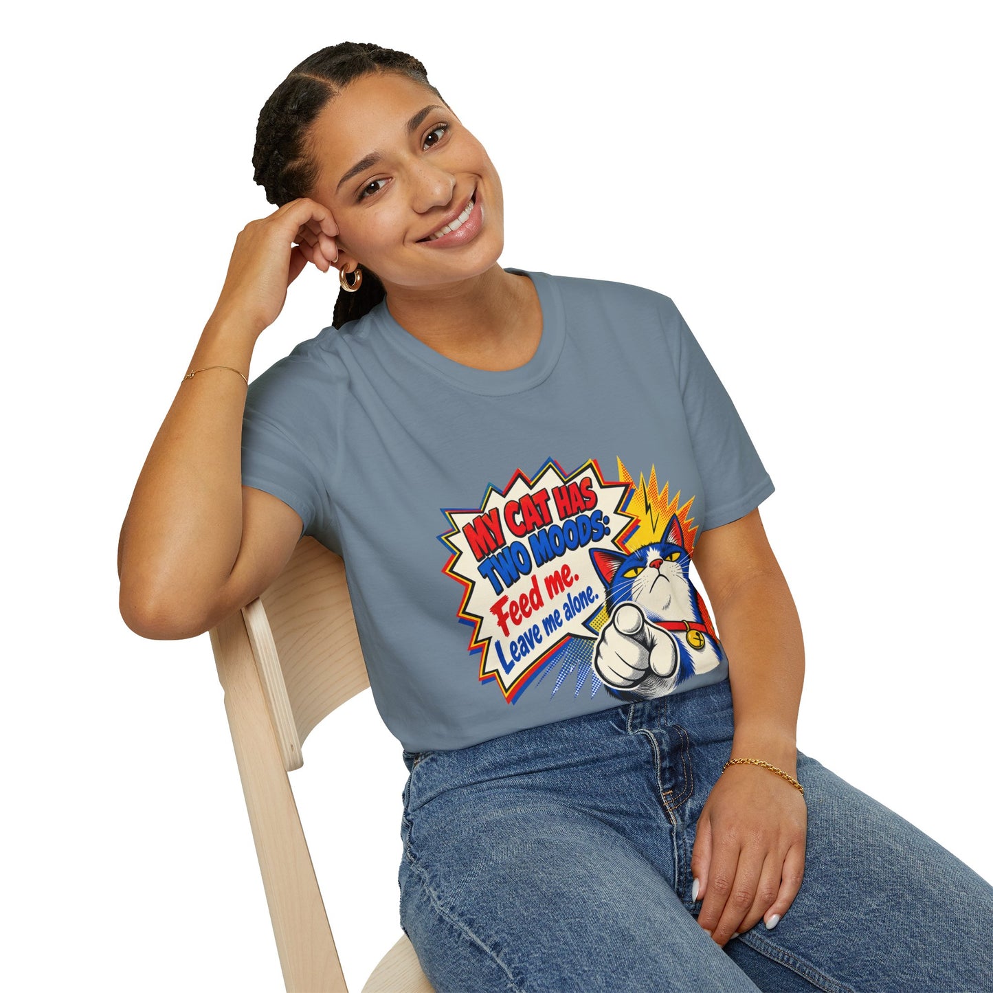 Cat T-Shirt — "My Cat Has Two Moods: Feed Me, Leave Me Alone" Funny Retro Comic Tee