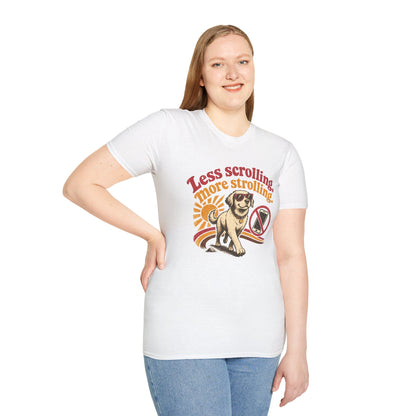 Less Scrolling More Strolling T-Shirt — Retro Dog Walk Graphic Tee