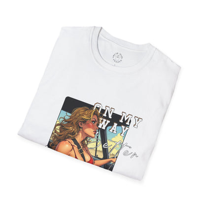 Vintage-Inspired Unisex Softstyle T-Shirt - 'On My Way to Better Life'woman driving,twisted