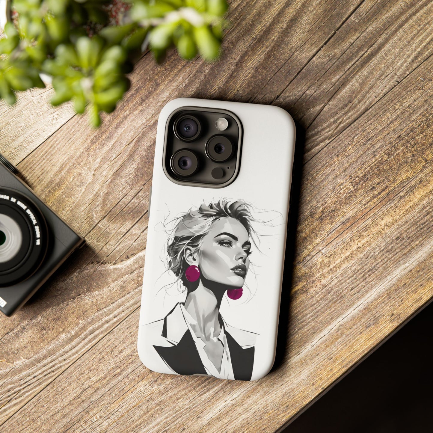 Phone Case — Chic Portrait with Pink Earrings (Stylish Protective Tough Case)