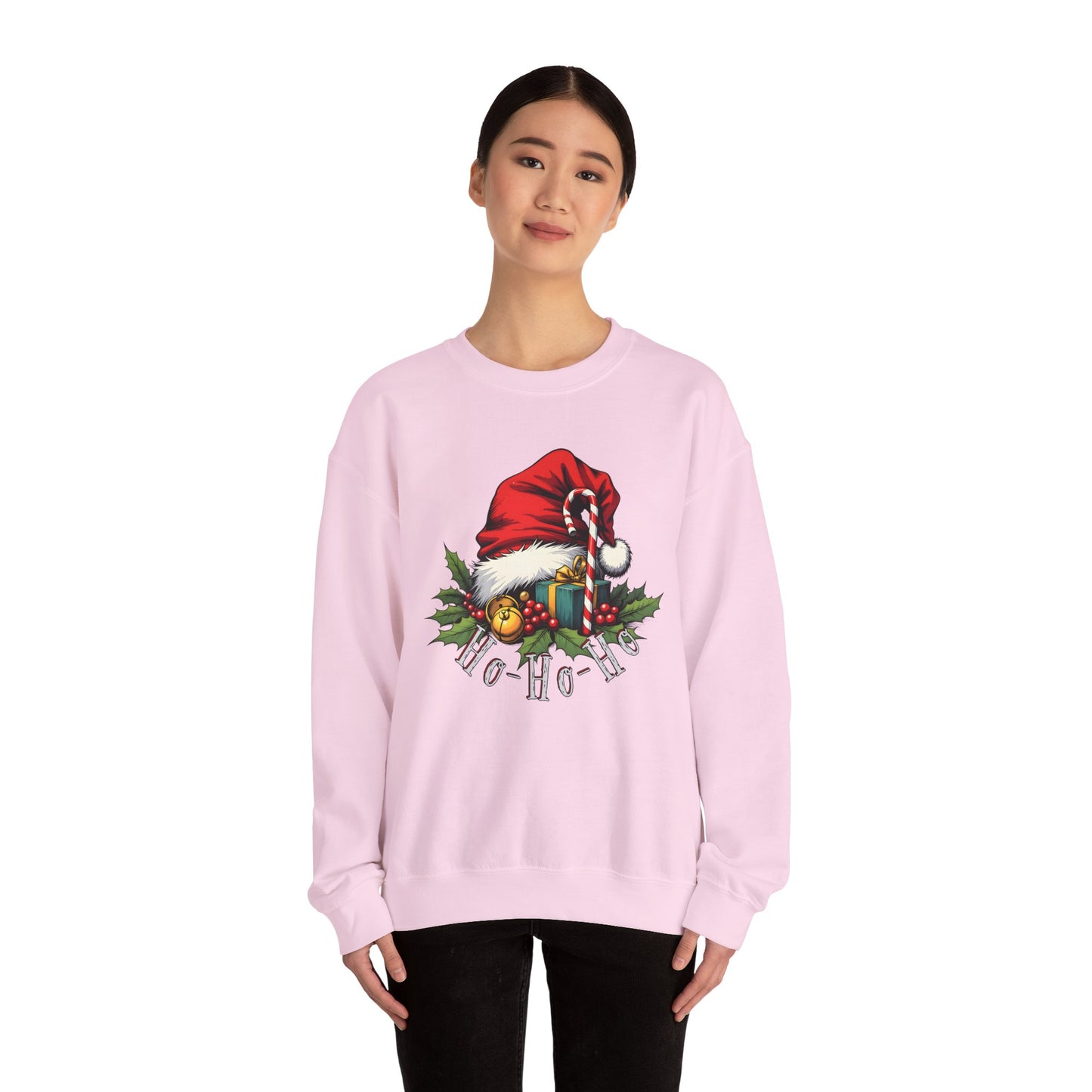 Christmas Sweatshirt - 'Ho-Ho-Ho' Santa Hat & Holly Holiday Crewneck