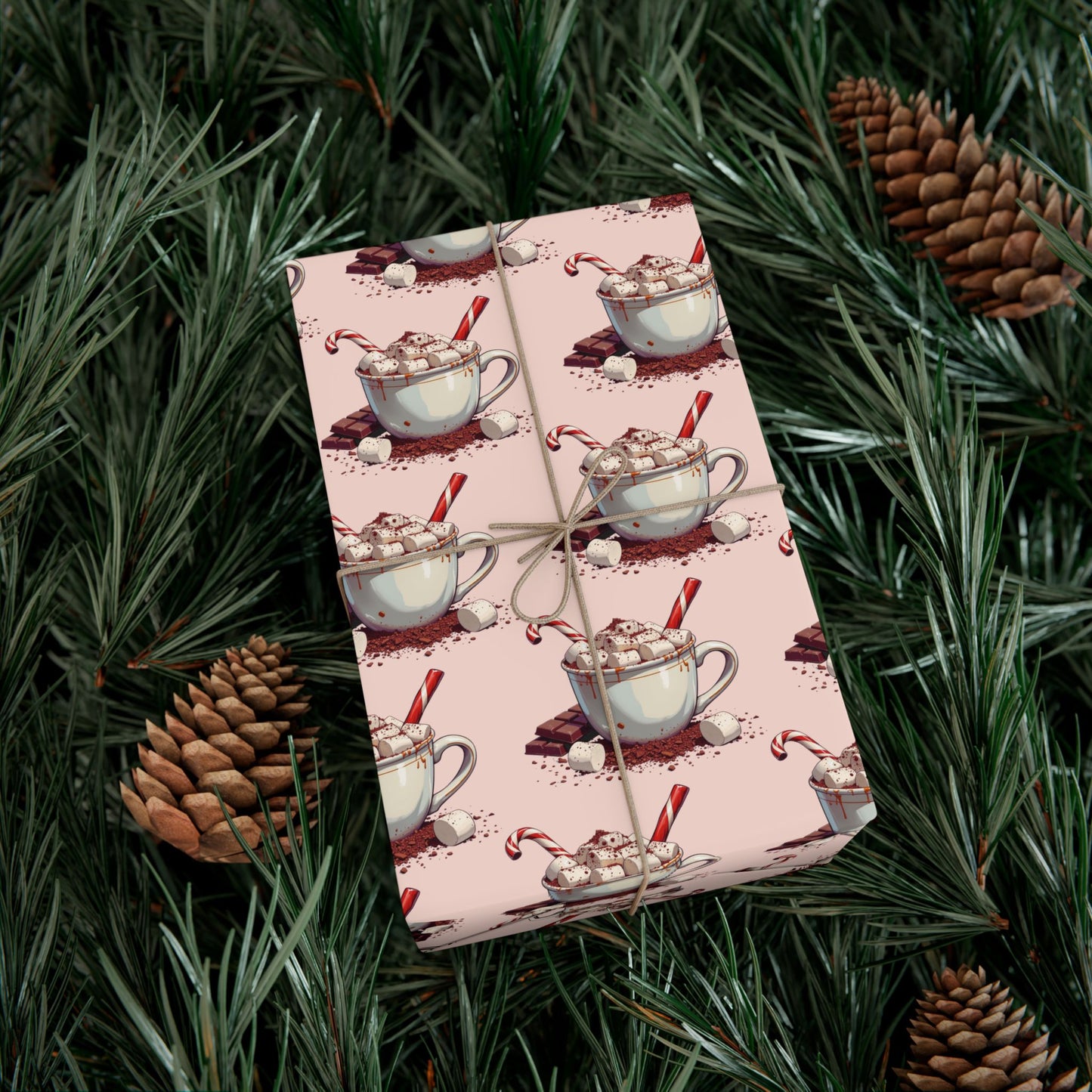 Tea Cup Pattern Gift Wrap Paper — Pink Hot Cocoa & Candy Cane Holiday Wrapping Paper