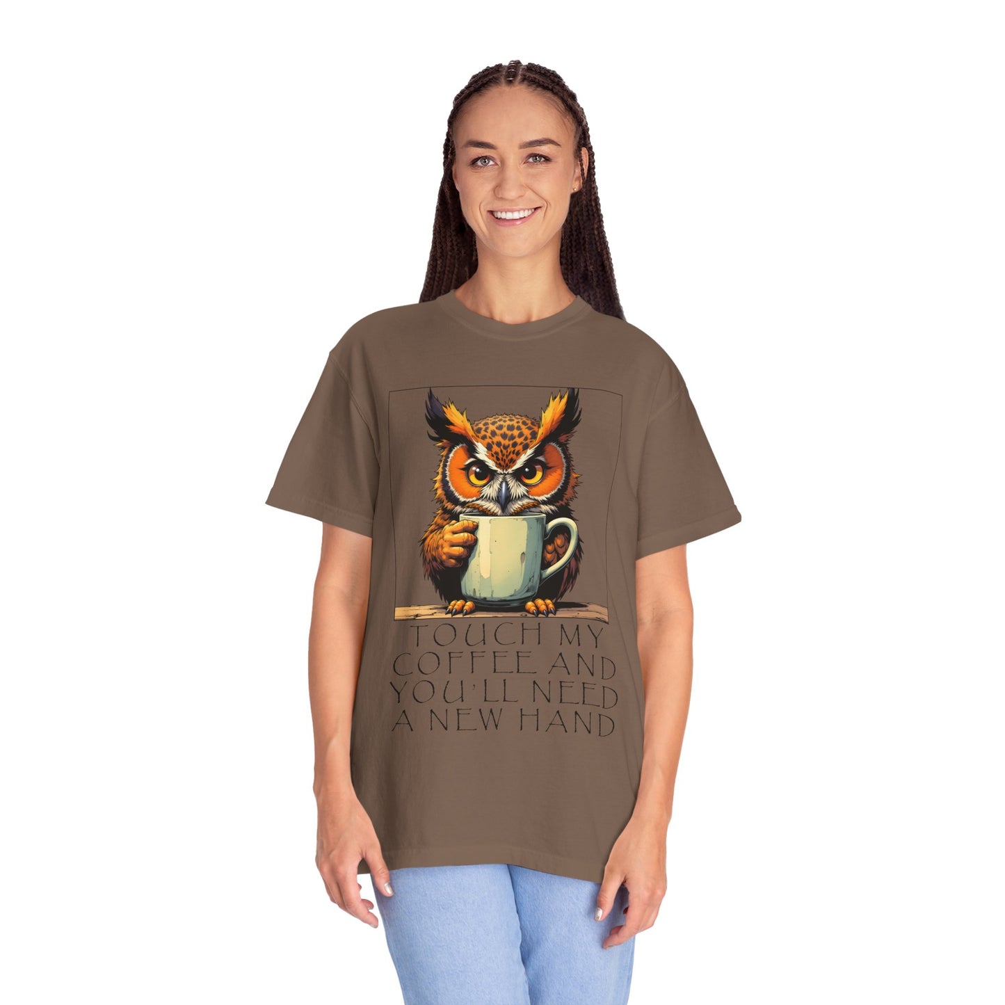 Coffee Owl T‑Shirt - "Touch My Coffee and You'll Need a New Hand" Graphic Tee