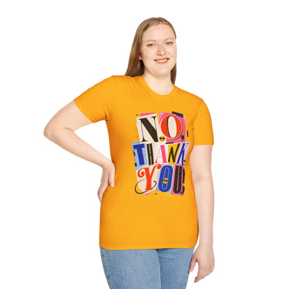 No, Thank You Graphic Tee — Colorful Bold Lettering T‑Shirt