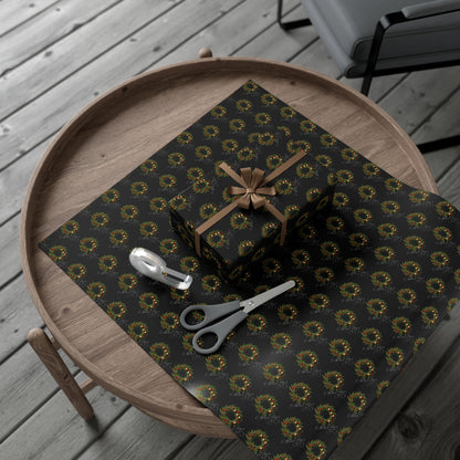Wreath Pattern Gift Wrap Paper – Black & Gold Holiday Wrapping Sheets