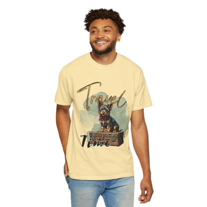 Travel Time Unisex Garment-Dyed T-Shirt with Dog Design