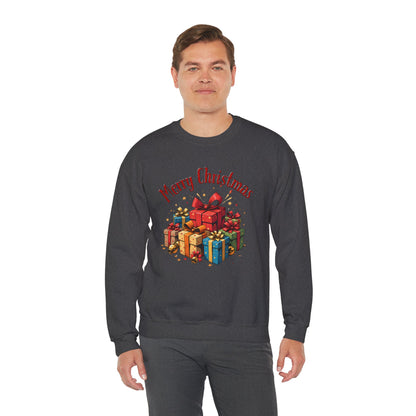 Christmas Crewneck Sweatshirt — "Merry Christmas" with Festive Gift Pile