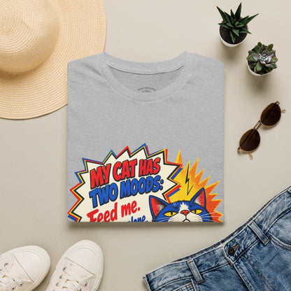 Cat T-Shirt — "My Cat Has Two Moods: Feed Me, Leave Me Alone" Funny Retro Comic Tee