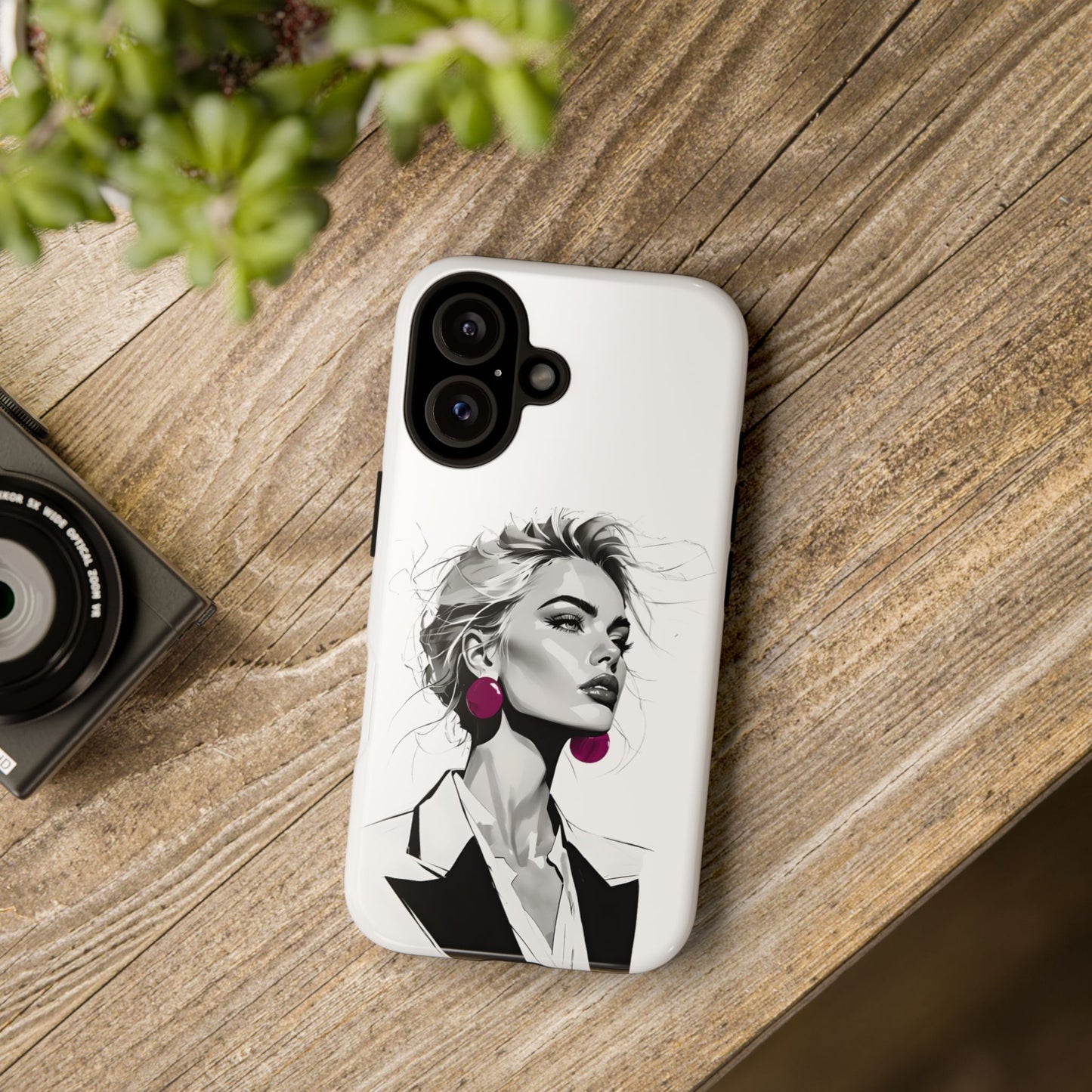 Phone Case — Chic Portrait with Pink Earrings (Stylish Protective Tough Case)
