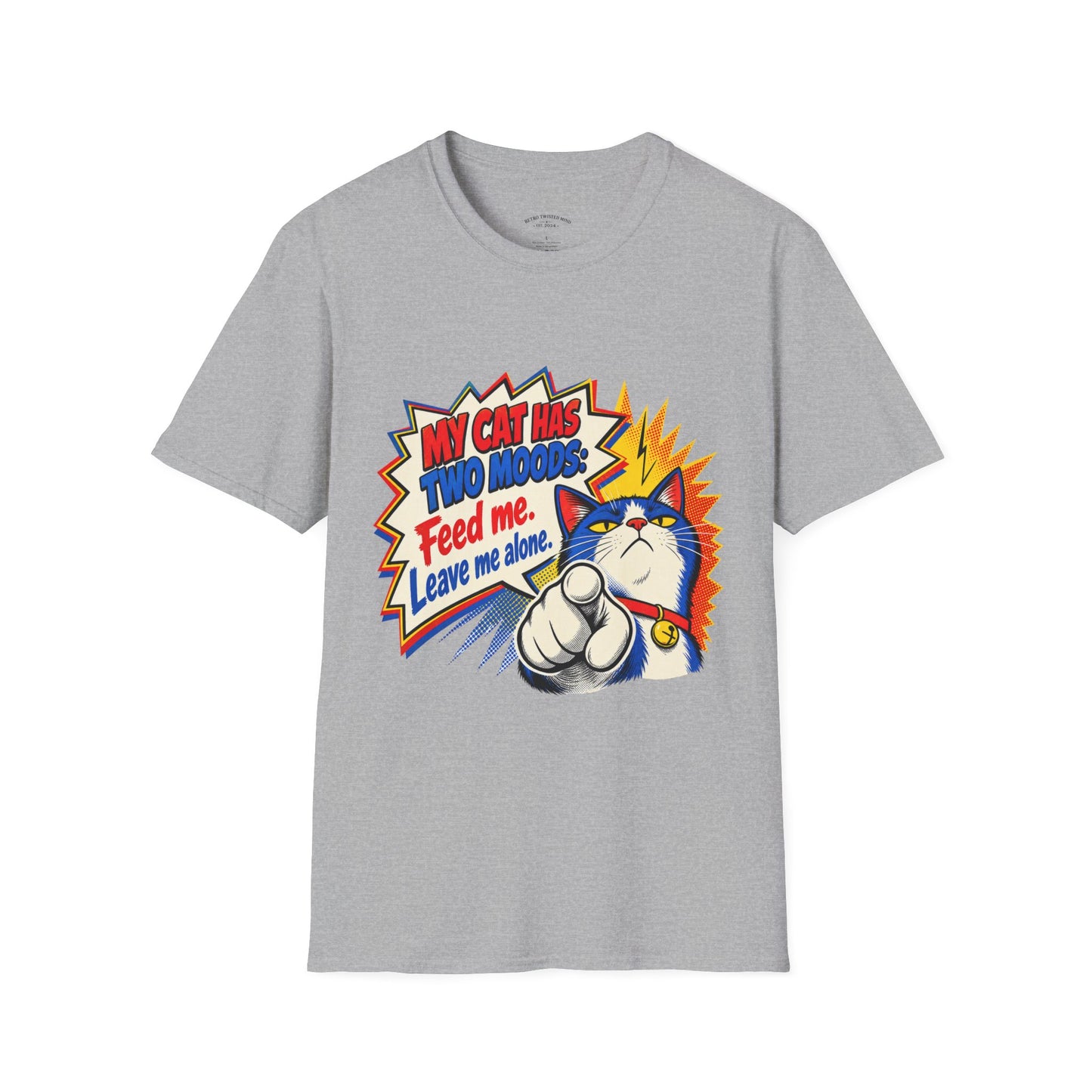 Cat T-Shirt — "My Cat Has Two Moods: Feed Me, Leave Me Alone" Funny Retro Comic Tee