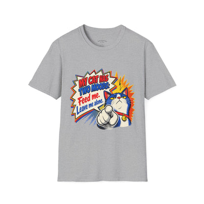 Cat T-Shirt — "My Cat Has Two Moods: Feed Me, Leave Me Alone" Funny Retro Comic Tee
