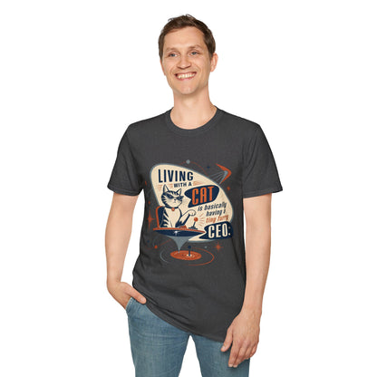 Cat T-Shirt — "Living with a Cat is Basically Having a Furry CEO" Retro Graphic