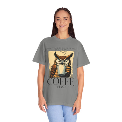 Coffee First Owl T-Shirt — Vintage Coffee Lover Graphic Tee