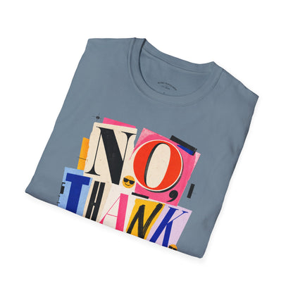 No, Thank You Graphic Tee — Colorful Bold Lettering T‑Shirt