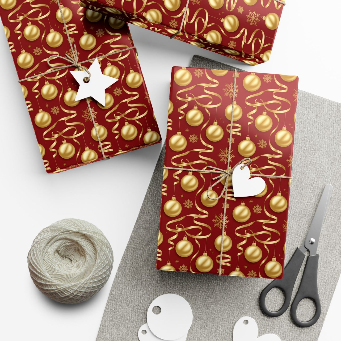 Christmas Gift Wrap Paper - Red & Gold Ornament Pattern, Holiday Wrapping Sheets