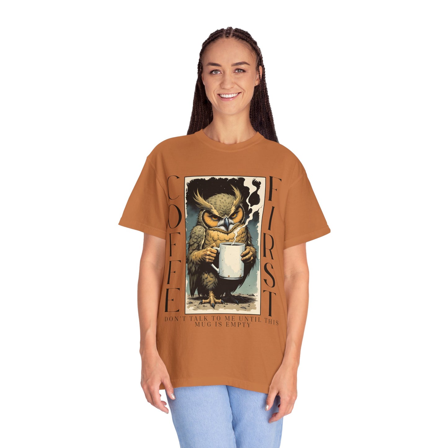 Coffee First Owl T-Shirt — Vintage Owl Holding  Graphic Tee