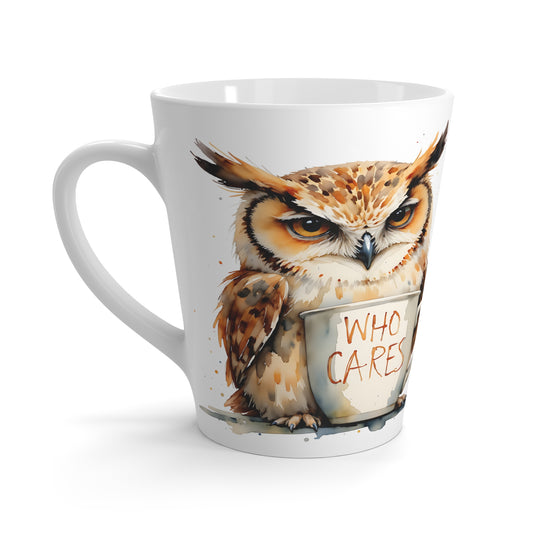 Grumpy Owl Holding 'Who Cares' Latte Mug | Ceramic Coffee Cup