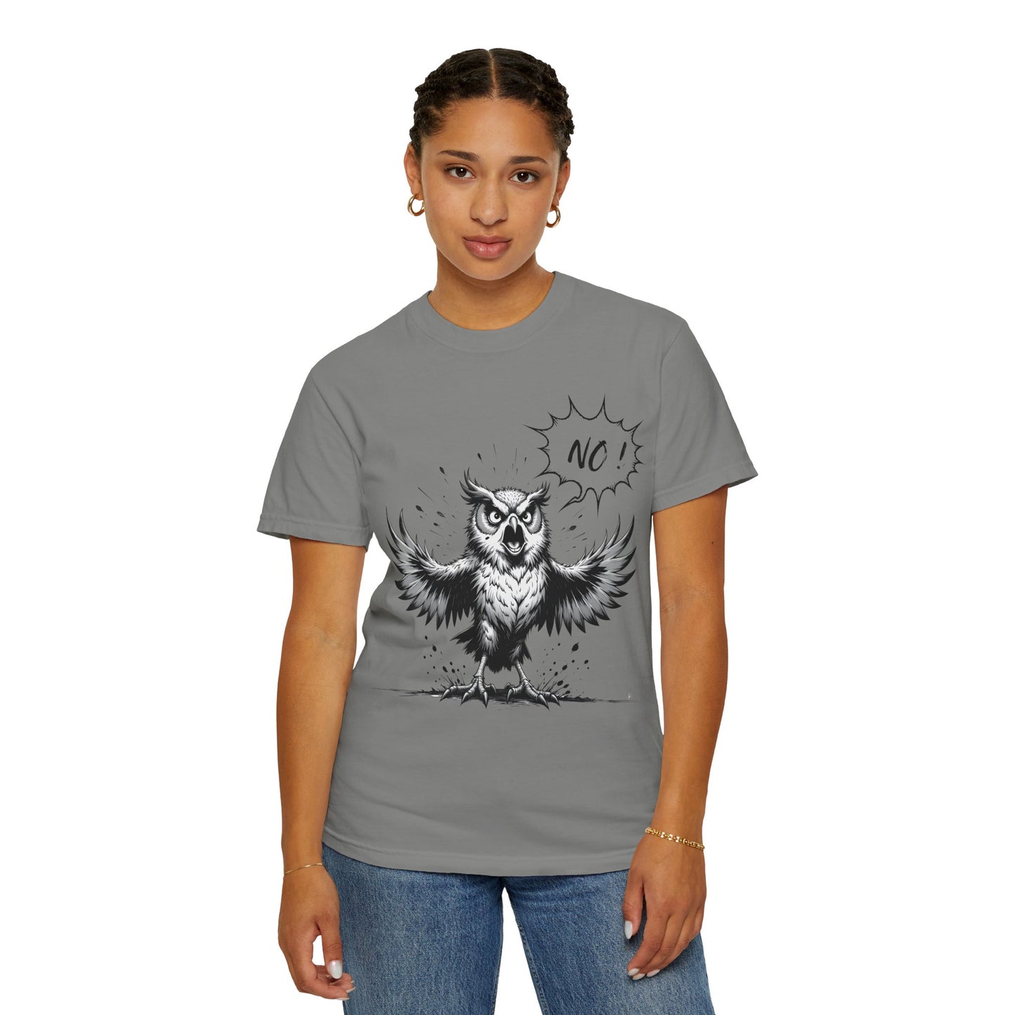 Owl Saying “No” Graphic T-Shirt — Bold Monochrome Illustration